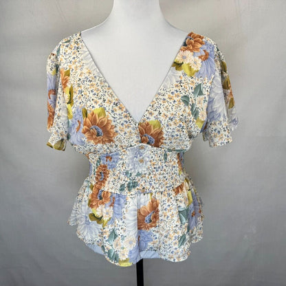Meraki Women Sz S Top Floral Shirred Waisted Peplum Buttons VNeck Flared Sleeves