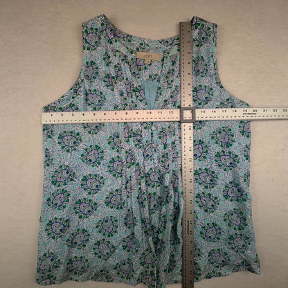LOFT Top Sz S Light Blue Floral Pintuck Split Neck Henley Lined Fabric Button