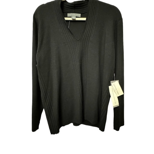 A black ribbed knit long-sleeve cardigan sweater with a V-neckline, hanging on a hanger against a plain white background with tags attached.