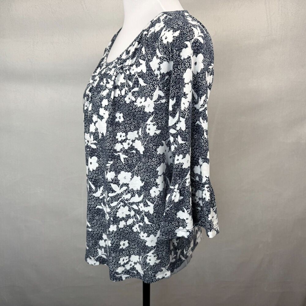 Michael Kors White Floral Peasant Blouse Blue Sz M Round Neck 3/4 Peplum Sleeve