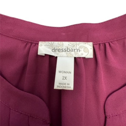 Dressbarn Burgundy Pleated Blouse Sz 2X V-Notched Neckline 3/4 sleeve