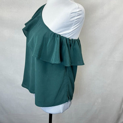 Maeve Top Sz 4 Green Silk One Shoulder Ruffle Lined Top Side Zipper
