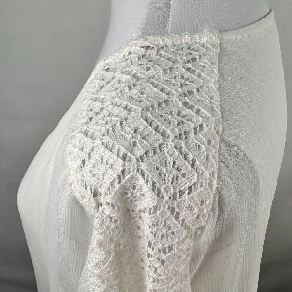 Alyx Ladies Sz S Overlay Sheer Blouse Paper White Batwing Lace Detail Tie Sleeve