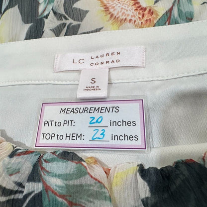 LC Lauren Conrad Women Sz S Sheer Square Ruffle Neck Pleated Sunflower Print