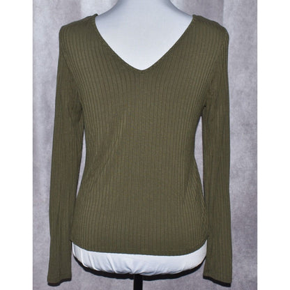 Love Fire Womens Knit Top Knot Front Long Sleeve V-Neck Thyme Size Small