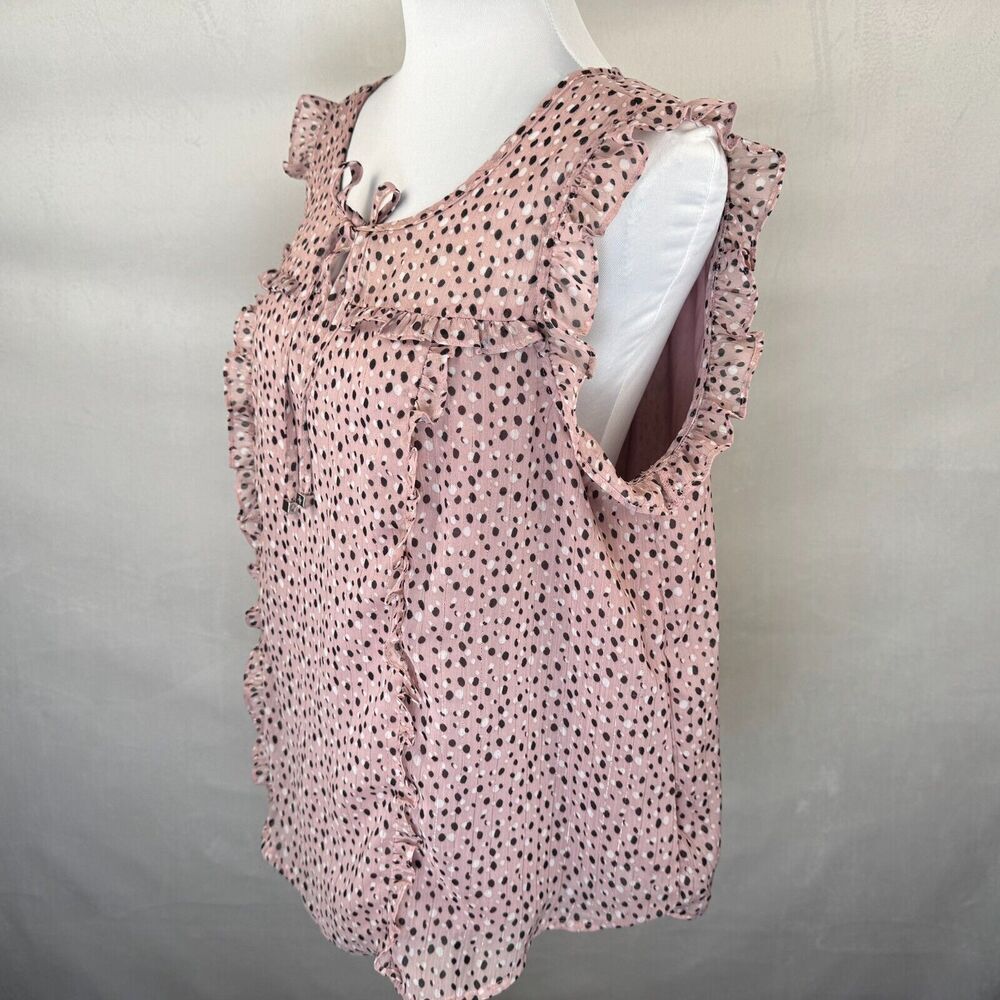 Adrienne Vittadini Women Blouse Sz L Sheer Pink Floral Split Neck Ruffle Sleeve