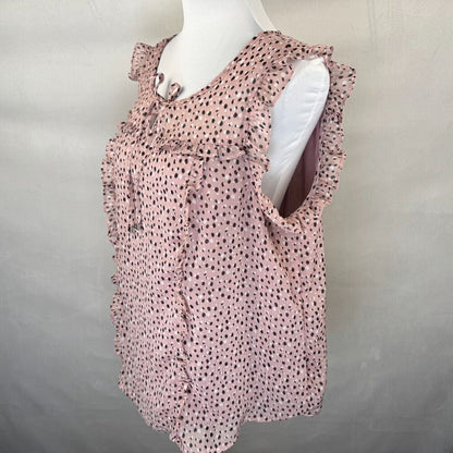 Adrienne Vittadini Women Blouse Sz L Sheer Pink Floral Split Neck Ruffle Sleeve