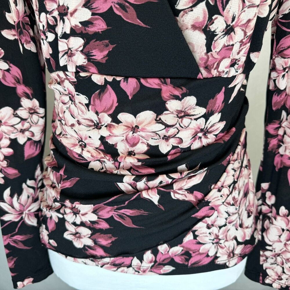 INC International Concepts Ladies Sz M Black Top Pink Floral Faux Wrap Peplum