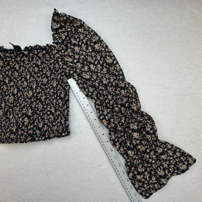 Wild Fable Top Sz M Cropped Black Floral Square Neck Long Sheer Sleeve Lined