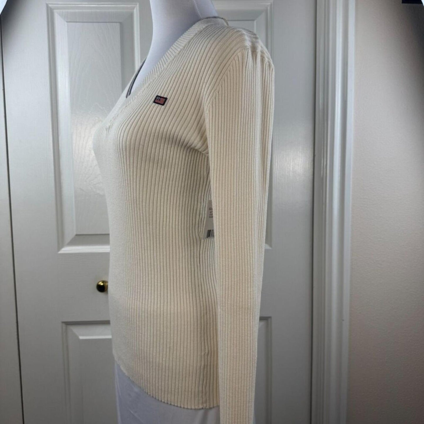 U.S. Polo Assn Women Medium Ribbed V Neck Sweater Cream Long Sleeve NWT