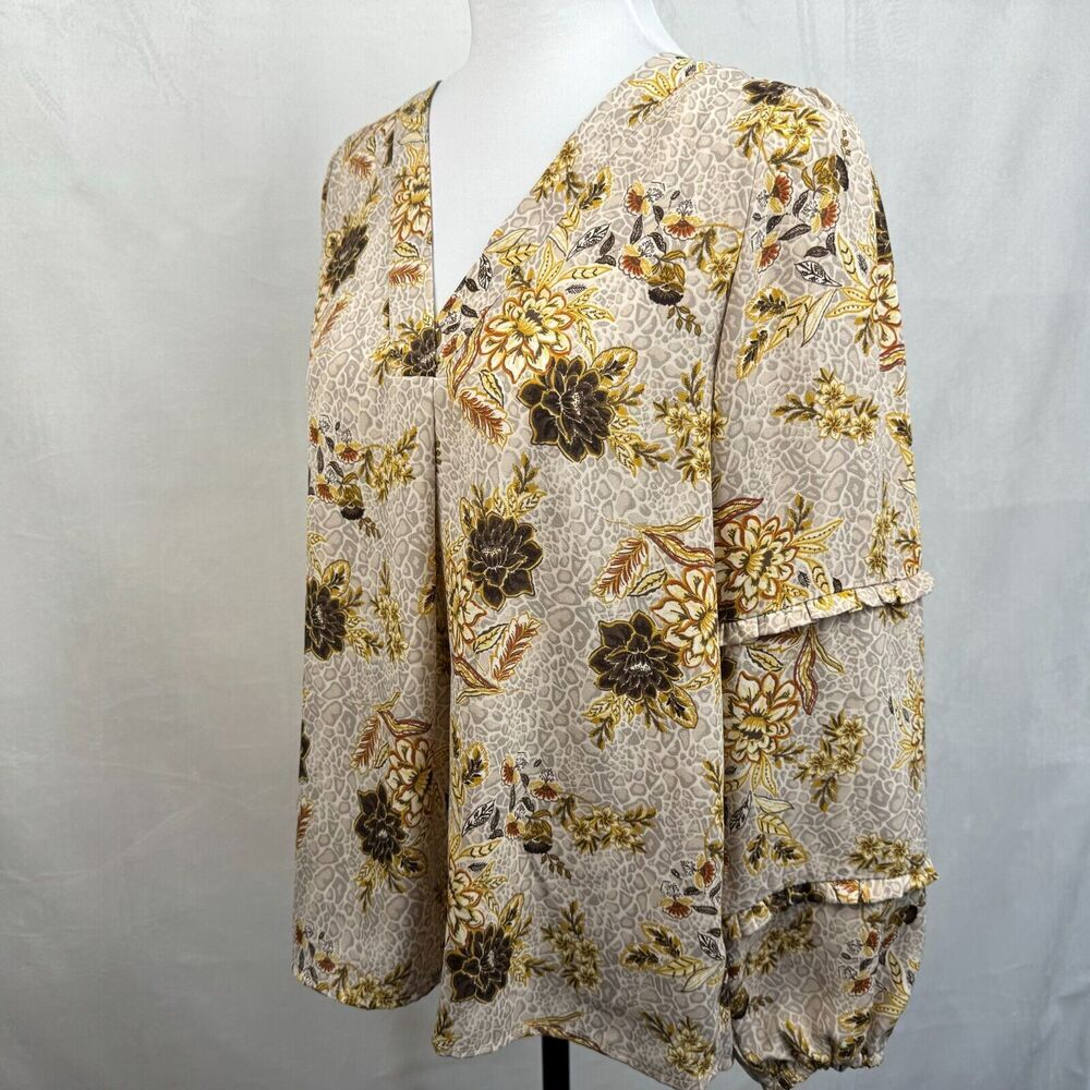 Studio B By Bobeau Top Sz S Womans Beige Brown Yellow Floral Long Sleeve V-Neck