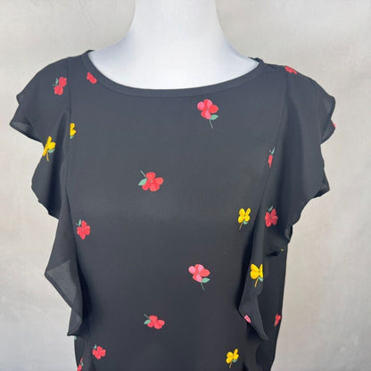 Loft Women Blouse Sz M Black Flower Print Boat Neck Ruffle Cap Sleeve