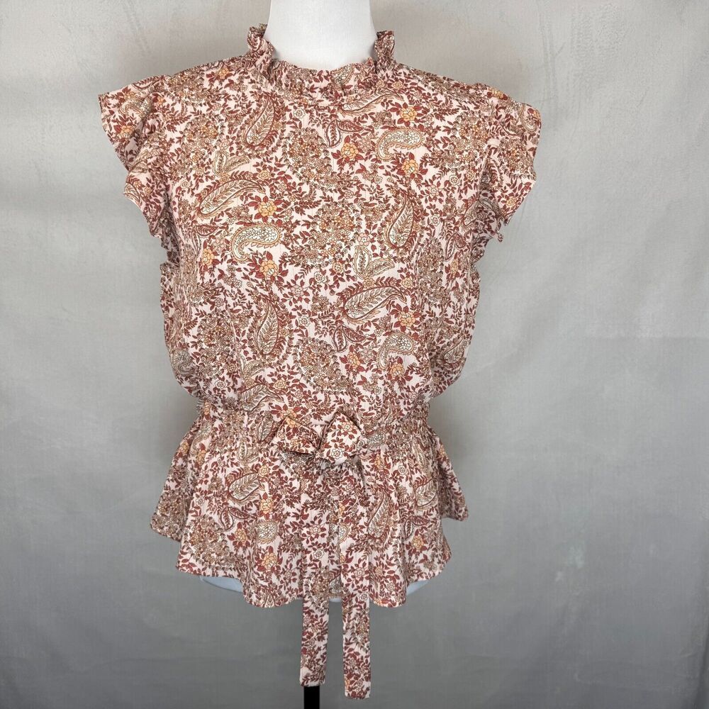 Alice Blue Women Sz M Floral Top Ruffle Crew Neck Cap Sleeves Elastic Waist