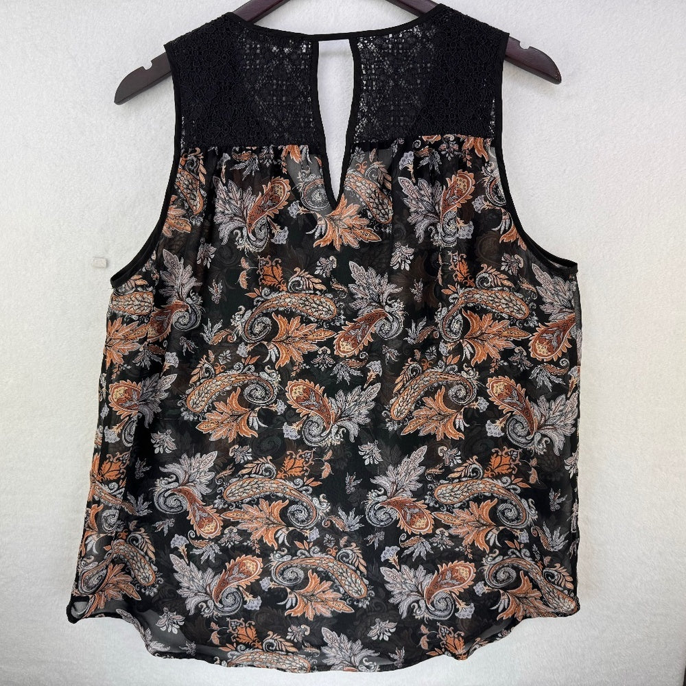 Daniel Rainn Ladies Blouse Sz L Sheer Black Tan Gray paisley Lace neckline