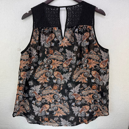 Daniel Rainn Ladies Blouse Sz L Sheer Black Tan Gray paisley Lace neckline