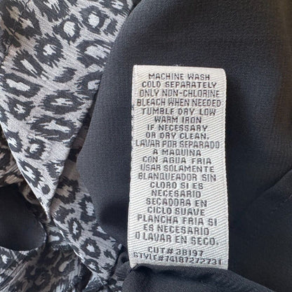 ECI  Top Sz 10 Gray Black Halter Ruffle Front Sleeveless Open Back Animal Print