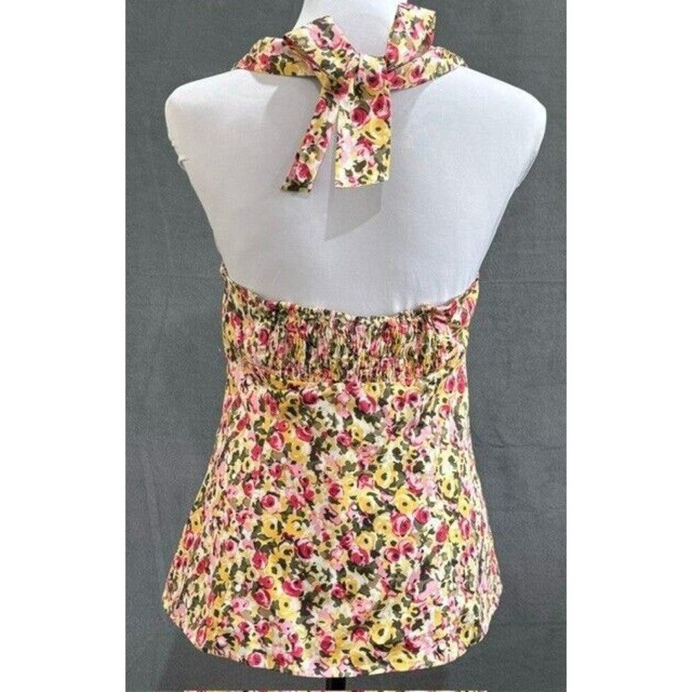 Loft Ann Taylor Halter Top Petite Floral Zip Up, Neck Tie, Elastic back, Size 8