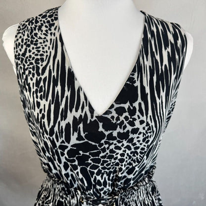 Ember Ladie's Peplum Top Sz M Animal Print Sleeveless Smocked Lace-up Waist