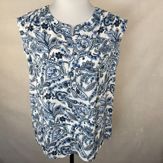 Zac & Rachel Sz L Top White Paisley Print Blue Henley V Neck Buttons Cap Sleeve