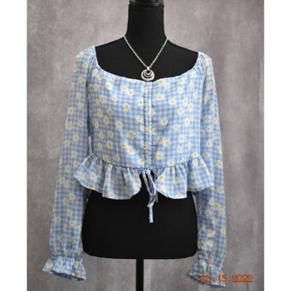 Crave Fame Blouse Women Sz L Style Peri Combo Light Blue Plaid Floral NWT