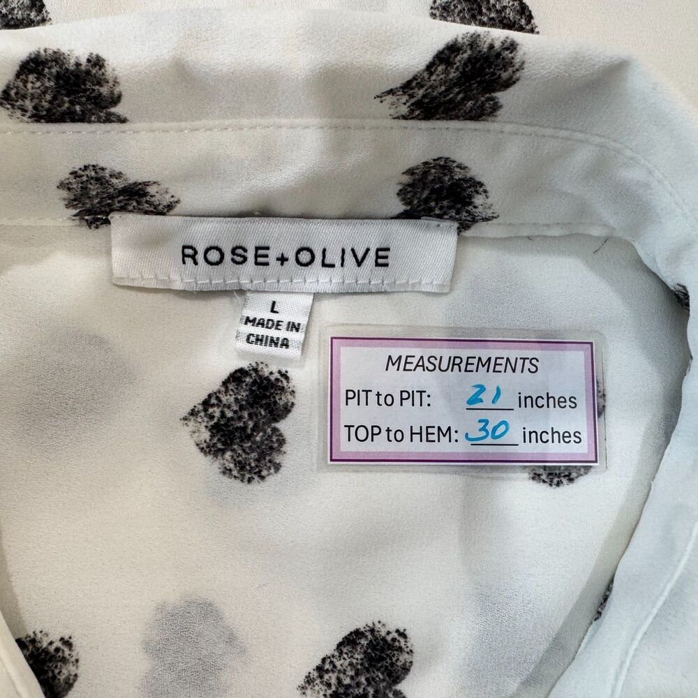 Rose & Olive Blouse Sz L White Black Hearts Button Down Cuffed Long Sleeves
