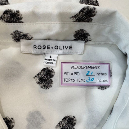 Rose & Olive Blouse Sz L White Black Hearts Button Down Cuffed Long Sleeves