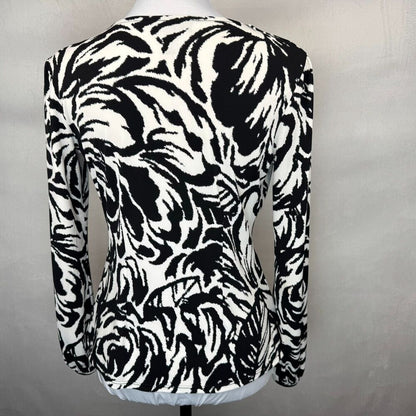 Alfani Women Sz P/P Black White Blouse V-Neck Ruched Front Long Sleeve