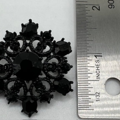 Vintage 1950s 1960s Japanned Black Rhinestone Brooch Prong Set Floral Pin