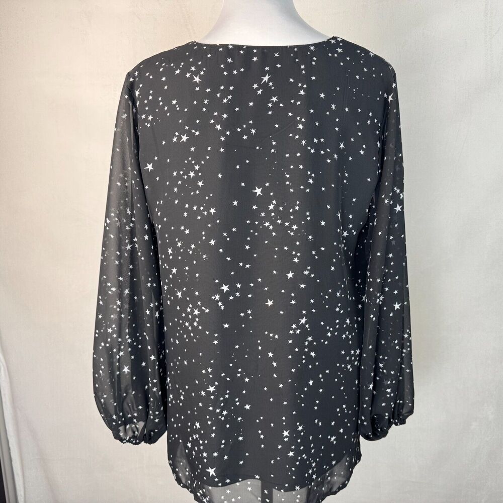Qearal Blouse Women’s Sz M Lined Sheer Black Gray Stars VNeck Ballon Sleeve