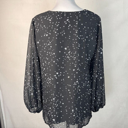Qearal Blouse Women’s Sz M Lined Sheer Black Gray Stars VNeck Ballon Sleeve
