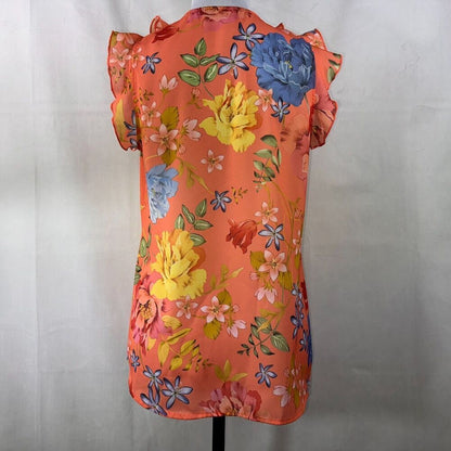 Sweet Pea Top Sz S Orange Floral Print Ruffled V-neck tie Ruffled cap sleeves