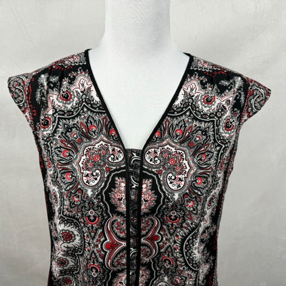 Talbots Blouse Sz XS V-Neck Cap Sleeve Red & Black Paisley Print Side Slits
