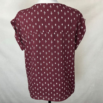 Forever 21 Ladies Top Sz S Burgundy White Print Cap Cuffed Sleeve Round Neck