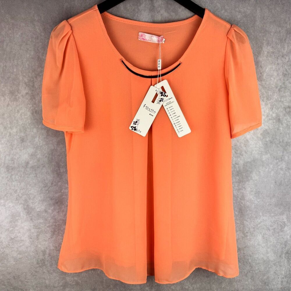 GA GA Fashion Blouse Sz L Sheer Peach Short Sleeve Round Neck Pleated Front