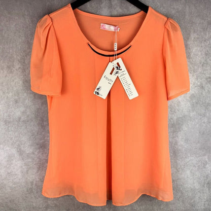 GA GA Fashion Blouse Sz L Sheer Peach Short Sleeve Round Neck Pleated Front
