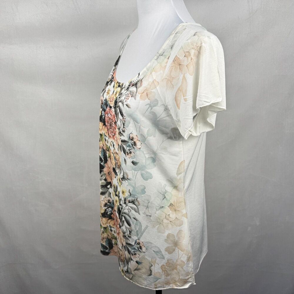 Brittany Black Women Sz M Tunic Ivory Floral Glitter Bling Scoop Neckline