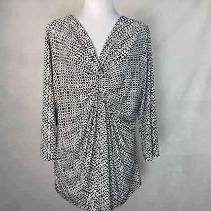 Liz Claiborne Sz 2X Blouse VNeck Twist Front Black White Geometric Business