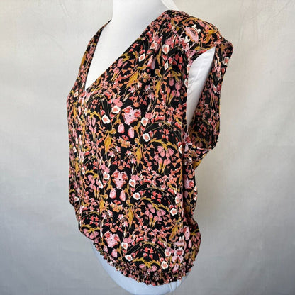 Roan Ryan Blouse Sz S Black Floral VNeck Sleeveless Elastic Waistline