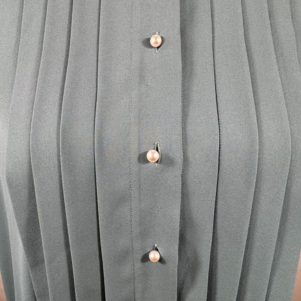 Karl Lagerfeld Blouse Sz M Sheer Green Round Neck Pleated Front Button down