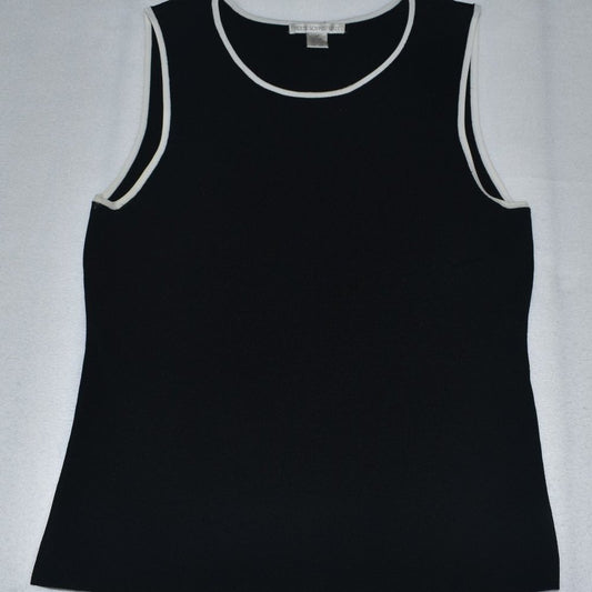 A black sleeveless tank top with white contrast trim around the scoop neck and armholes, laid flat on a light gray background.