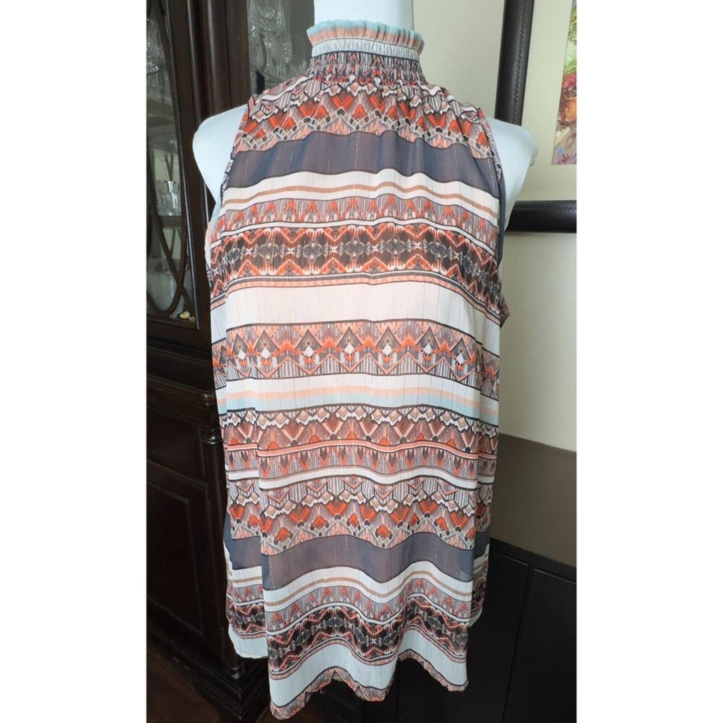 By & By Top Sz XL Sheer Ruffled High Neck Sleeveless Peach Gray Lined