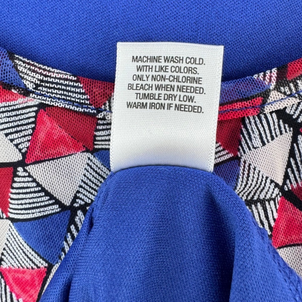 Roz Ali Blouse Women Sz M Tiered ruffle sleeveless triangle print blue red gray