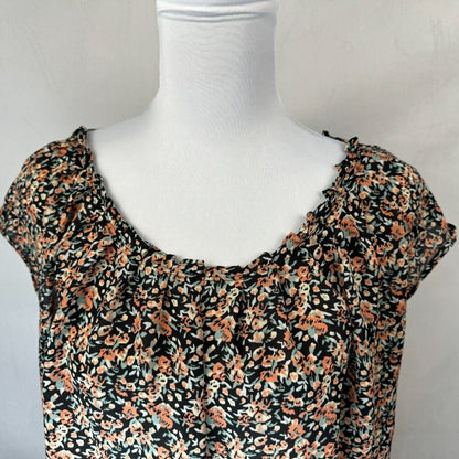 LC Lauren Conrad Top Women Sz L Black Multi Floral Pleated Round Neck Tie Back