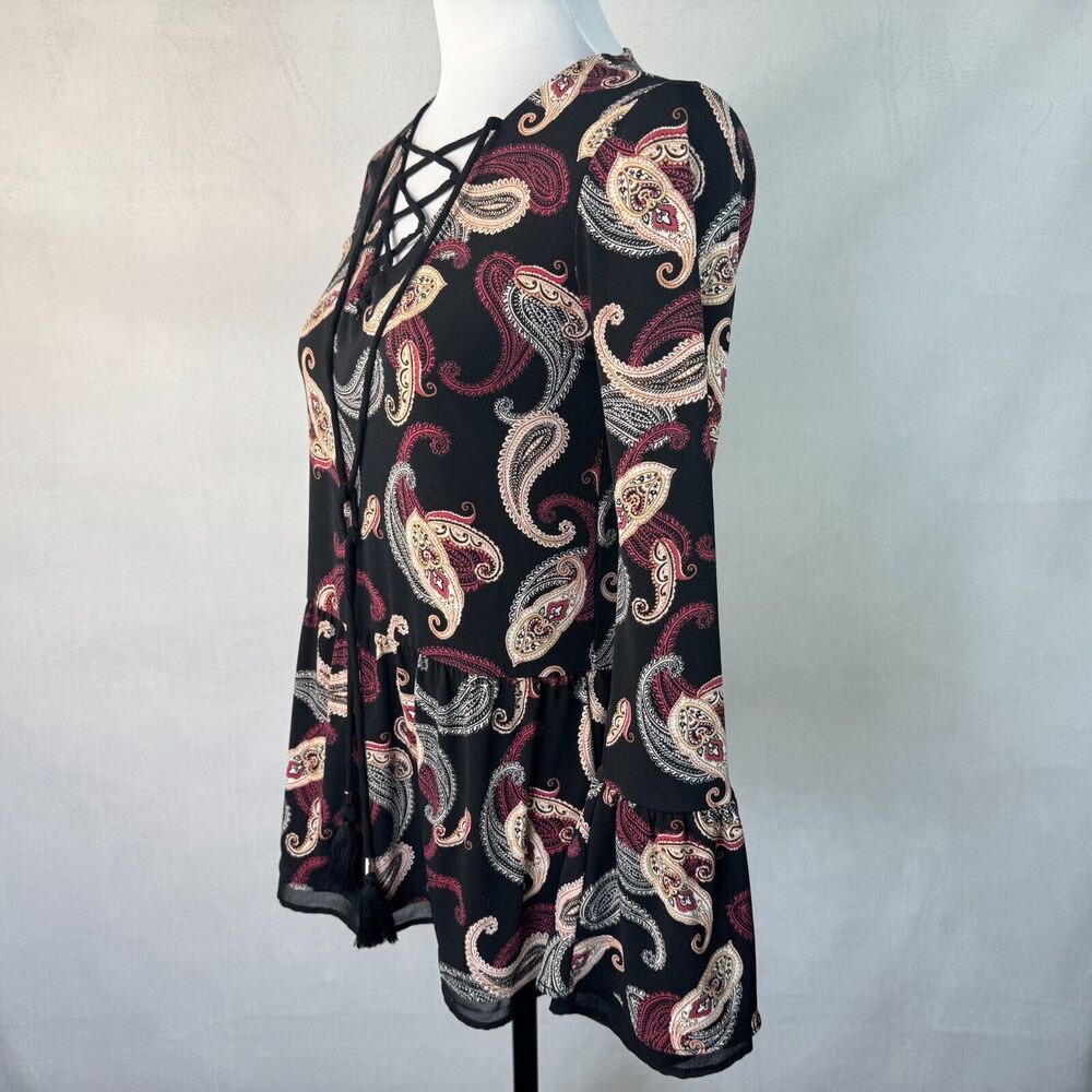 White House Black Market Sz XXS Paisley Print Peplum Criss Cross Tie Bell Sleeve