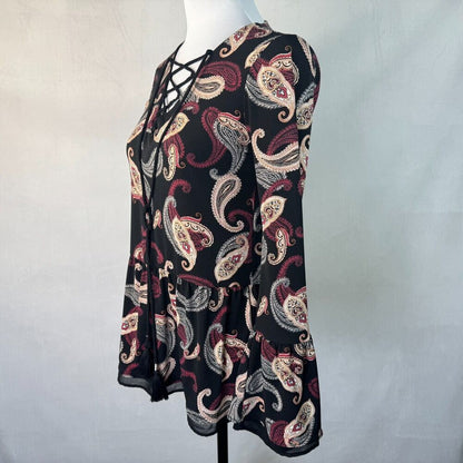 White House Black Market Sz XXS Paisley Print Peplum Criss Cross Tie Bell Sleeve