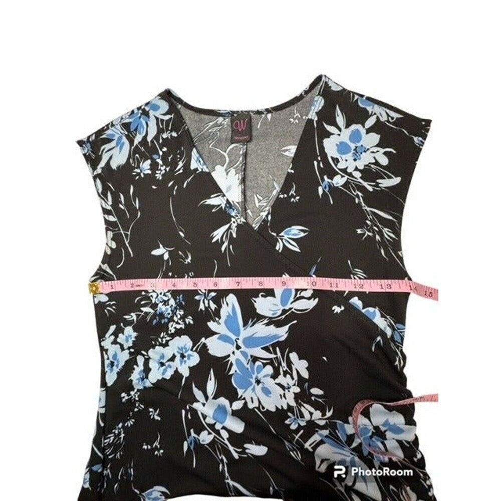 W Wrapper Black Blue Floral Faux Wrap Dress V-Neck Ruched Open Wrap Skirt