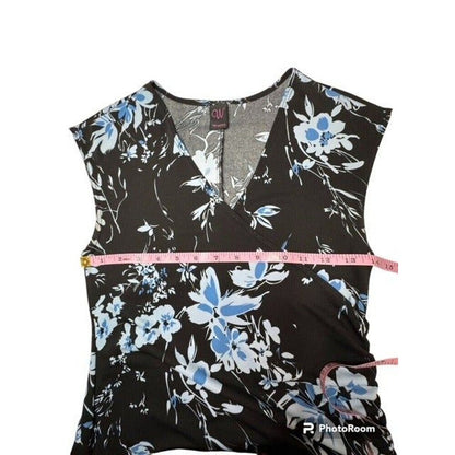 W Wrapper Black Blue Floral Faux Wrap Dress V-Neck Ruched Open Wrap Skirt