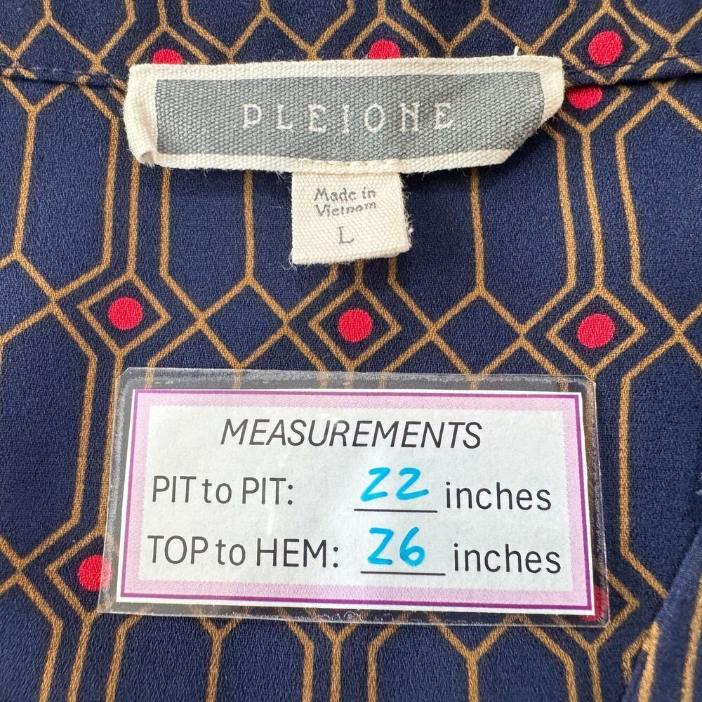 Pleione Women Blouse Sz L Blue Red Split Neckline Button Front Long Sleeves