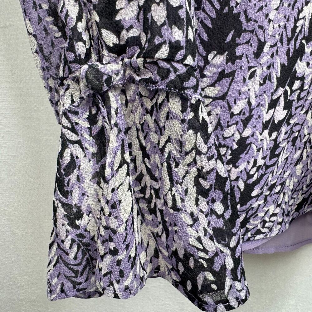 Ann Taylor Top Sz 0 Black and Lilac Print V-Neck Long Sleeve Side Zip 100% Silk