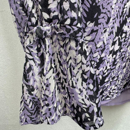 Ann Taylor Top Sz 0 Black and Lilac Print V-Neck Long Sleeve Side Zip 100% Silk